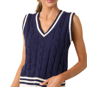 Wholesale Custom Women's 100% Cotton Knit Vest V Neck Cable Knit Contrast Trim Preppy Campus Outfits Casual Gatherings OEM/ODM