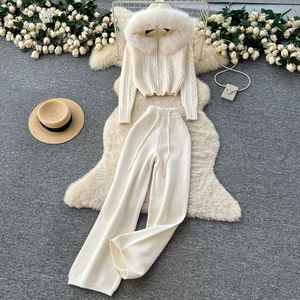 女式两件套运动服毛边裁剪连帽针织上衣和宽腿毛衣裤子套装两件套女士 - Product Image 2