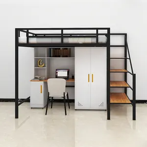 Buena Calidad Ventas al por mayor de metal loft cama Dormitorio Queen Size Loft Bed Hostel Adulto Metal Literas con escaleras