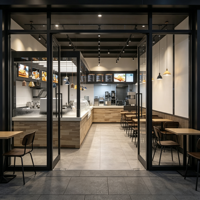 Comptoir de bar à café industriel de luxe léger personnalisé avec cadre en verre, kiosque multifonctionnel pour centre commercial, éclairage LED, facile à nettoyer, toutes tailles
