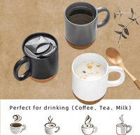 Tasses en céramique réutilisables écologiques personnalisées en gros, noires et blanches, avec fond en liège et couvercle coulissant, compatibles micro-ondes, design minimaliste