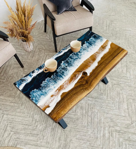 La migliore vendita fatta a mano in legno noce <span class=keywords><strong>tavolo</strong></span> da pranzo in resina epossidica fiume <span class=keywords><strong>tavolo</strong></span> con oceano e modello di onde - Product Image 1