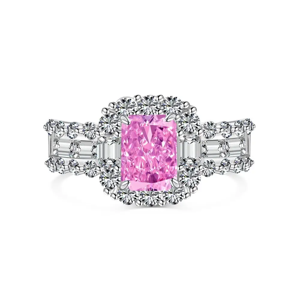 Sterling Silber Schmuck Ehering Radiant Cut Mode Fine Pink 8A Zirkonia Diamant Verlobung Versprechen Ewigkeit Ring