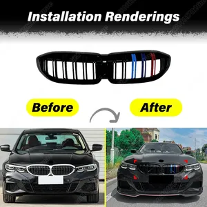 Pour Série 3 G20 G28 2019 2020 2021 2022, calandre avant de voiture avec bandes bleues et rouges style M, accessoires de style extérieur - Product Image 2