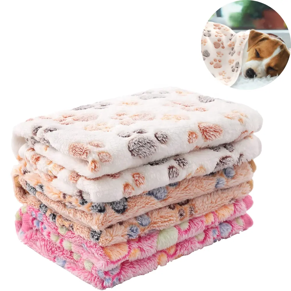 Soft Flannel Fleece Dog Blanket、Warm Paw Print Pet Throw Bed Cover