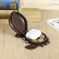 Grosir CONTACT'S FAMILY CF2229 Gantungan Kunci Kulit Hewan Vintage 2-in-1 Dompet Koin Kantong Earbuds Resleting Warna Kopi