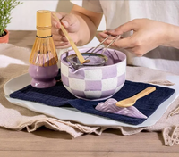 Ensemble de thé matcha en céramique japonaise à carreaux personnalisé en gros, ensemble de fouet à matcha pour cérémonie, ensemble de bol à matcha en céramique