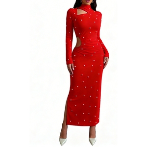 เดรสแม็กซี่ประดับมุกสำหรับผู้หญิงชุดเดรสยาวแขนยาวทรงบอดี้คอนสำหรับงานปาร์ตี้แฟชั่น - Product Image 3