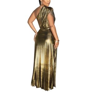 Elegante Vestido de Mujer con Estampado Dorado, Hombro Asimétrico, Sin Mangas, Color Sólido, a la Moda - Product Image 4