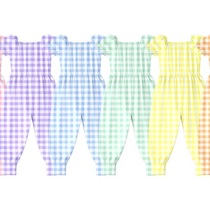 Combinaison décontractée personnalisée à carreaux colorés respirante en tissu peigné pour enfants, pantalon long de jogging et combinaison à manches courtes, assorties pour sœurs, 95% coton 5% - Product Image 1