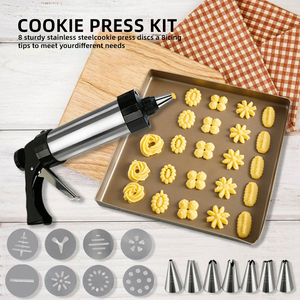 Spritz Cookie Press Gun Kit, Stainless Steel w/ 13 Discs & 8 Nozzles - DIY Biscuit Maker Decorating Tool - Product Image 1