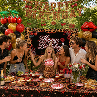 Kit de Décoration d'Anniversaire 208 Pièces Imprimé Guépard Rouge, Thème Léopard, Vaisselle, Ballons, Bannière, Toile de Fond et Nappe
