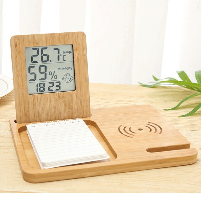 Bamboo Table Clock Wireless Charger Electronic Table Clock with Temperature and Humidity