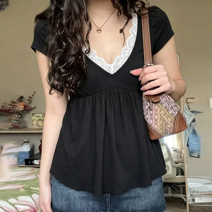 เสื้อถักลูกไม้คอวีแขนสั้นสำหรับผู้หญิงเสื้อยืดลำลองหวานๆฤดูร้อน - Product Image 1