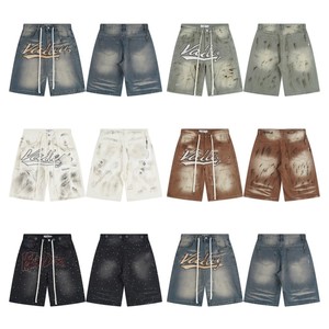 <strong>High</strong> Street Boot Cut Mid <strong>Waist</strong> Embroidered Rhinestone Letter Medium Wash Vintage Casual Nylon/Cotton <strong>Denim</strong> <strong>Shorts</strong> - Product Image 2