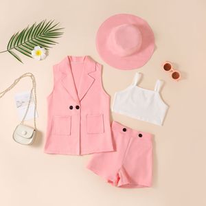 Élégant décontracté 4 pièces ensemble pour filles chaud bébé sans manches été costume couleur unie gilet licou Shorts haut décontracté-pour un usage quotidien - Product Image 4