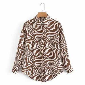 Camicia Slim Casual monopetto in cotone 100% cotone a righe animalier Vintage da donna