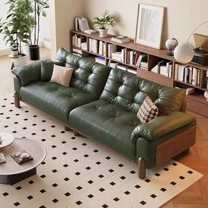 Retro Genuine Leather Sofa Dark Green Tufted Straight Design Living Room Furniture Oil Waxed Top Grain Cowhide - Product Image 2