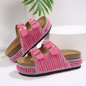 Sandales pour femmes à double bouton et <span class=keywords><strong>semelle</strong></span> épaisse, grande taille 702, en stock, nouvelles chaussures compensées en éponge perlée et liège pour femmes - Product Image 1