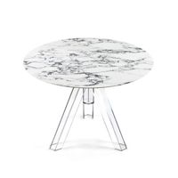 Table extensible en marbre Arabesque Ometto avec plateau en verre et base en polycarbonate transparente, diamètre 90 cm, modèle TMR006