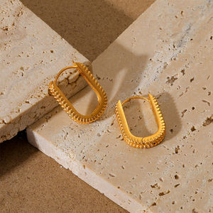 Водонепроницаемые эффектные ювелирные изделия с гравировкой текстуры Позолоченные 18 карат ювелирные изделия из нержавеющей стали не тускнеющие женские серьги-кольца - Product Image 4