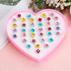 36 PCS/set Adjustable Kids Rings Jewelry Heart Crystal Open Finger Ring For Children Girls Birthday Party Gift Without Box