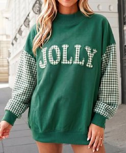 Custom <strong>Women's</strong> <strong>Christmas</strong> Mock Neck Patchwork Gingham Sleeve Gingham Letter Applique Loose Drop Shoulder <strong>Sweatshirt</strong> Manufacturer - Product Image 3