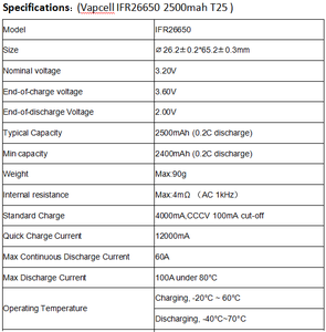 Baterai <span class=keywords><strong>Lithium</strong></span> <span class=keywords><strong>Ion</strong></span> Isi Ulang Beat <span class=keywords><strong>A123</strong></span> 60A/100A 26650 2500mAh IFR Vapcell T25 3.2V untuk EV UAV RV Lampu Depan Perkakas Listrik Drone - Product Image 6