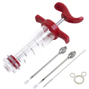 Meat injector Kit-complete set includes food grade stainless steel injector with 3 marinade injection needles, plastic syringe w