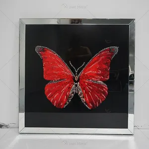 Hot Sell Kristall malerei Leinwand Schmetterling Design gespiegelter Rahmen dekorative Spiegel Wand kunst mit Diamant