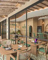Mobilier de café clé en main en microciment terrazzo et bois massif avec éclairage LED écologique personnalisé