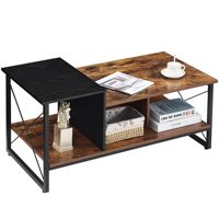 Table basse moderne à 2 niveaux noire avec plateau en bois, structure en métal et étagère de rangement pour salon/bureau, marron