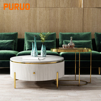 Table basse ronde moderne de luxe Puruo en marbre fritté avec base nervurée et bordure dorée pour salon