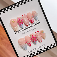 Kuku Palsu TSZS Medium Almond Buatan Tangan dengan Hiasan Bunga 3D French Polka Dot, Kuku Palsu yang Dapat Digunakan Kembali untuk DIY Grosir