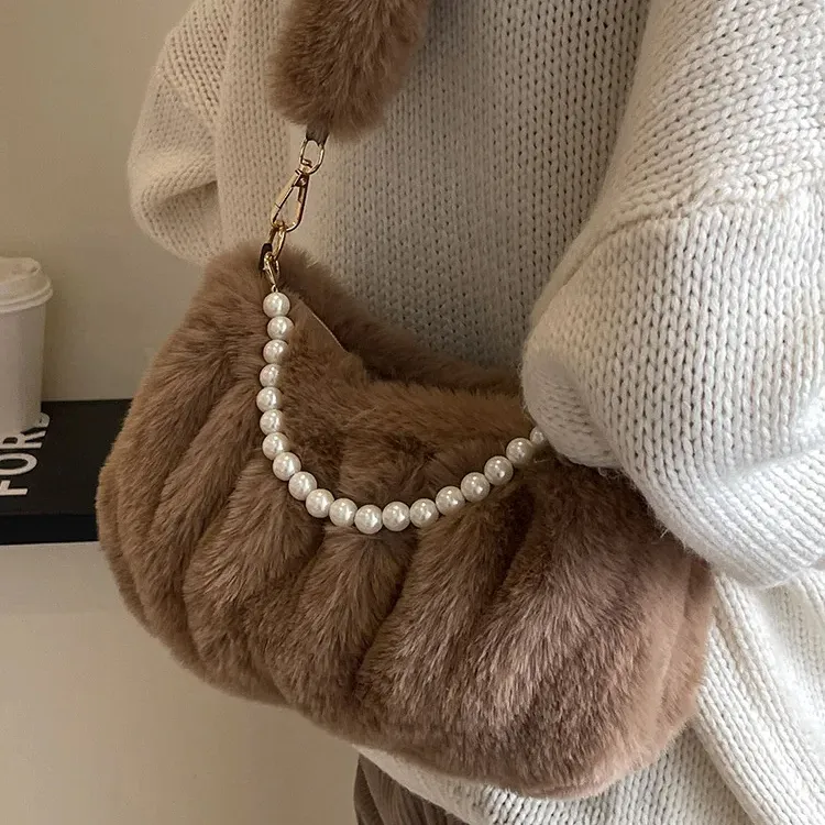 Wholesale Pure Color Bean-shaped Handbags Ladies Small Downy Underarm Bags Artificial Pearls Chain Shoulder Bag For Girls