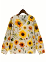 Pull-over Femme Tricoté Vintage Bohème Respirant à Imprimé Floral Tournesol - Col en V Creux Manches Longues Ample 100% Coton