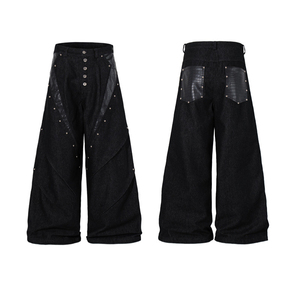<span class=keywords><strong>Jeans</strong></span> pour hommes déstructurés avec empiècements en cuir imprimé serpent et rivets, coupe courbée, noirs, amples, à jambes larges, décontractés, longs - Product Image 1