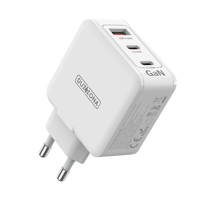 DUZZONA T9 PD 65W Gan Charger EU Plug USB-C 3 Port Fast Wall Charger Adapter for iPhone Laptop Phones White