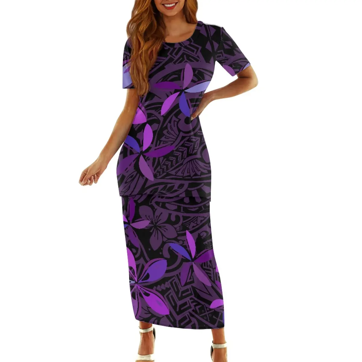 Vestido de duas peças para ilha com estampa tribal de flores de hibisco roxo plus size, vestido confortável de manga curta para Samoa Puletasi