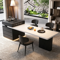 Table longue simple avec plateau en pierre, table à manger en bois massif, armoire de bar, îlot de cuisine, idéale pour salle à manger et villa
