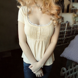 เสื้อยืดแขนสั้นคอวีแต่งลูกไม้ติดกระดุมด้านหน้าทรงเอไลน์ ผ้าถัก สไตล์ลำลอง แฟชั่นฤดูร้อนสำหรับผู้หญิง - Product Image 5