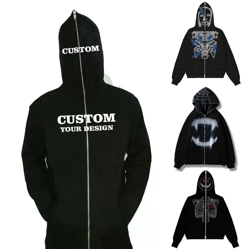 manufacturers vendor oem streetwear men black blank cotton custom rhinestone full face zip up hoodie with zipper on hood