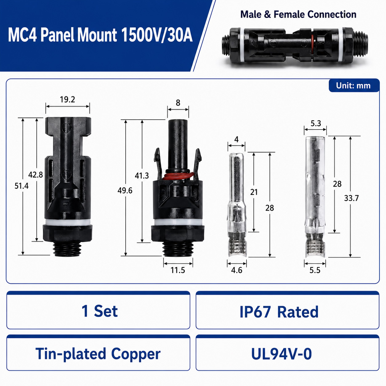MC4 แบบติดตั้งบนแผง 1500V 30A 1P
