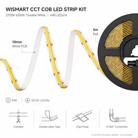 Kit de bande LED COB CCT WISMART 12V 24V, 640 LED/m, 10 mm, 5 m, IP30, blanc réglable 2700K-6500K avec connecteurs et clips pour éclairage intérieur