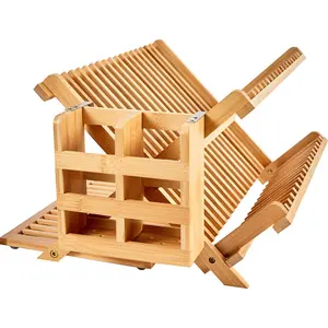 Foldable Dish Drying Collapsible Drainer Wooden Plate Rack Bamboo Dish Rack with Utensil Holder