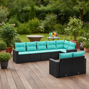 Set di divani da giardino in polyrattan nero da 8 pezzi con cuscini, mobili da esterno, posti a sedere in stile contemporaneo per 8 persone - Product Image 2