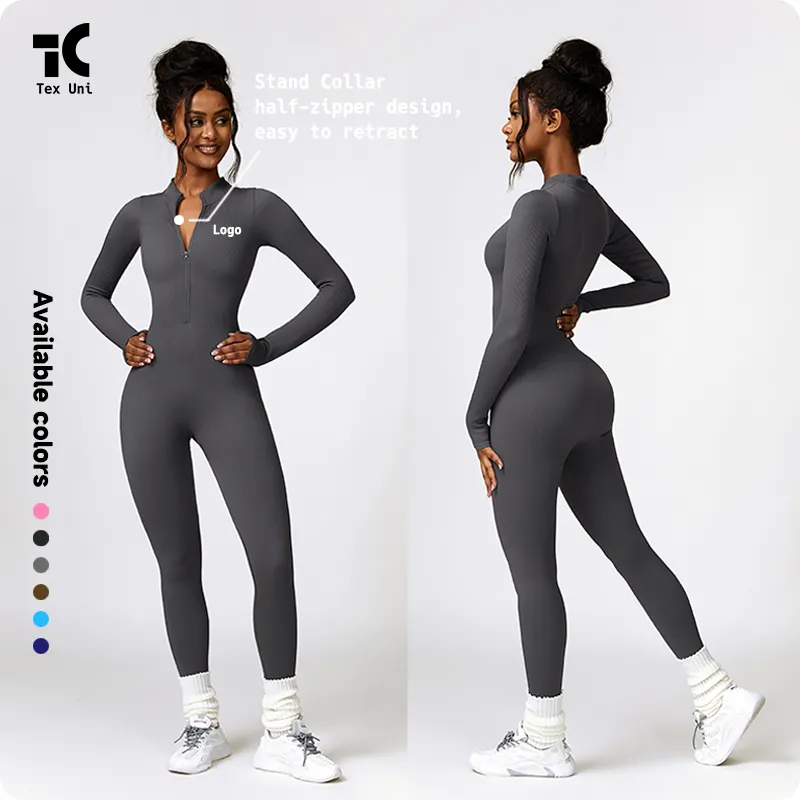 Easy To Wear Women's Yoga Bodysuit With Tummy Control Playsuits Gym Fitness Half Zip Onesie Athletic Long Sleeve Jumpsuit