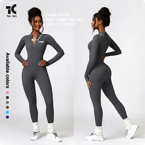 Bodysuit Yoga wanita, baju terusan lengan panjang atletik satu ritsleting mudah dipakai dengan kontrol perut