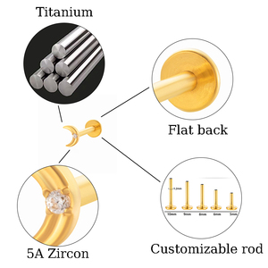 HENGSEN ASTM F136 Titane 16G Clou d'oreille à dos plat fileté intérieurement, motif Lune Étoile, pour piercing de lobe d'oreille, cartilage et hélix - Product Image 2