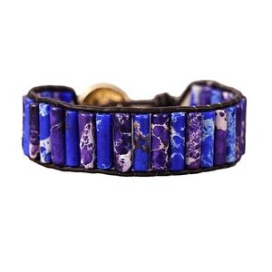 Natural Stone <b>Beaded</b> <b>Bracelet</b> Turquoise Purple Pattern Genuine Leather Rope Wrapped Unisex Jewelry Gift - Product Image 5